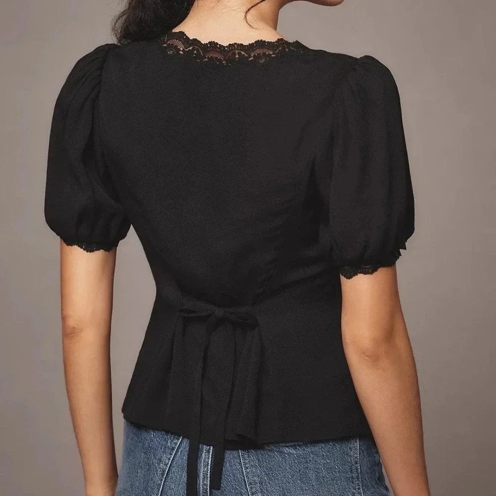 Reformation | Minette Lace Button Puff Sleeve Top in Black